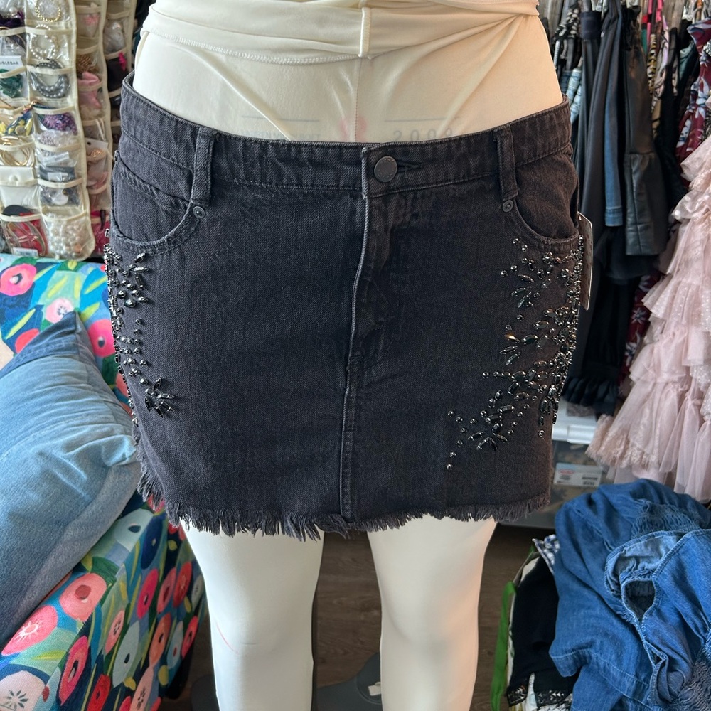 Free people denim skirt with rhinestone detail